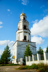 Traditional russian church with domes in a village. Architecture in the Orthodox religion