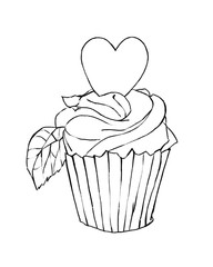 Muffin with heart hand drawn illustration.