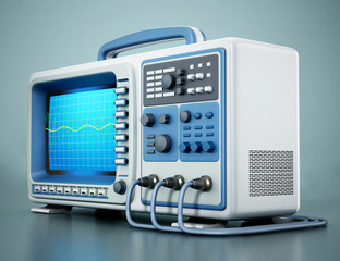 Fototapeta premium Oscilloscope standing on green background. 3D illustration