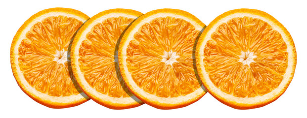 row of oranges slice isolated fruit image on white background