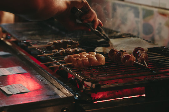 Japan Street Foods , Meat Ball , Grilled and hot , Japan Market Traditional , Side Angle.
