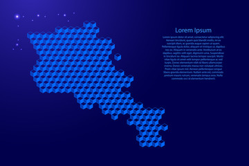 Armenia map from 3D classic blue color cubes isometric abstract concept, square pattern, angular geometric shape, glowing stars. Vector illustration.