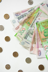 Russian money layout paper rubles and coins on a white background