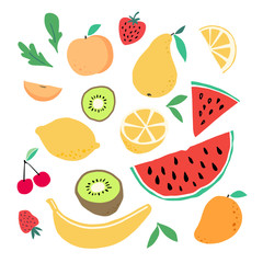 Doodle fruits. Natural tropical fruit, Doodles citrus orange and vitamin lemon. Vegan kitchen apple hand drawn, organic fruits or vegetarian food. Vector isolated icons illustration set 