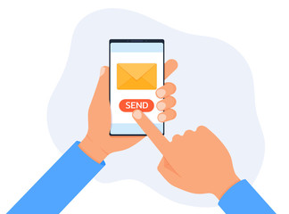 Hand holding phone with closed envelope and send button. Sending message concept. Finger touch screen. Modern flat cartoon style vector illustration.