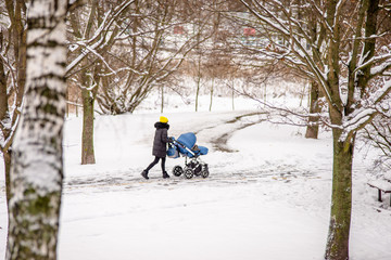 Girl carries a child in a wheelchair in the winter Park