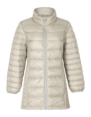 cream puffer jacket white background