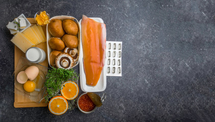 Foods containing vitamin D: fish, caviar, orange, micro greens, cheese, eggs, mushrooms, milk, butter, corn, oil, capsules