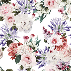 Seamless floral pattern with roses, watercolor. Vector illustration.