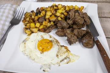 assiette d'oeufs au plat, foies de volaille et pommes de terre