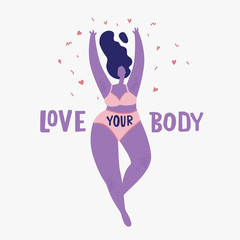 Obraz na płótnie Canvas Love your body - body positive. Happy Woman figure in lingerie. Flat style illustration