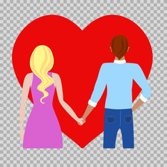 Couple holding hands boy and girl standing back with a red heart background. Love relationship date romantic walk together.Two flat half-body color characters. Stock vector illustration isolated.