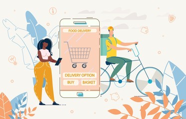 Woman Using Mobile Gadget Application for Order Food Basket Selection, Purchase and Home Delivery. Afro-American Lady with Huge Phone. Deliveryman with Package on Bicycle. E-commerce Customer