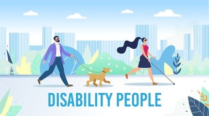 Disabled People Daily Life Activities Trendy Flat Vector Banner, Poster Template. Blind Woman and Man in Black Glasses Walking in City Park, Finding Way with Cane and Trained Guide Dog Illustration