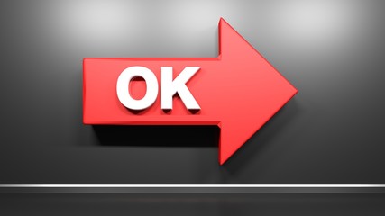 OK red arrow pointing to the right direction, at black background - 3D rendering illustration