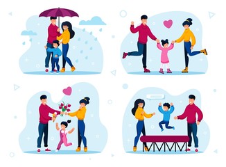 Fototapeta premium Family Recreation Activities Trendy Flat Vector Concepts Set. Parents with Children Walking Outside in Rain, Riding Roller-Skates, Spending Time Together, Jumping on Trampoline Isolated Illustrations
