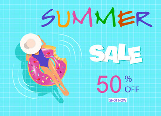 Summer discount banner. Summer, a beautiful young woman with inflatable ring relaxing in blue swimming pool. There is also a vector copy in the portfolio