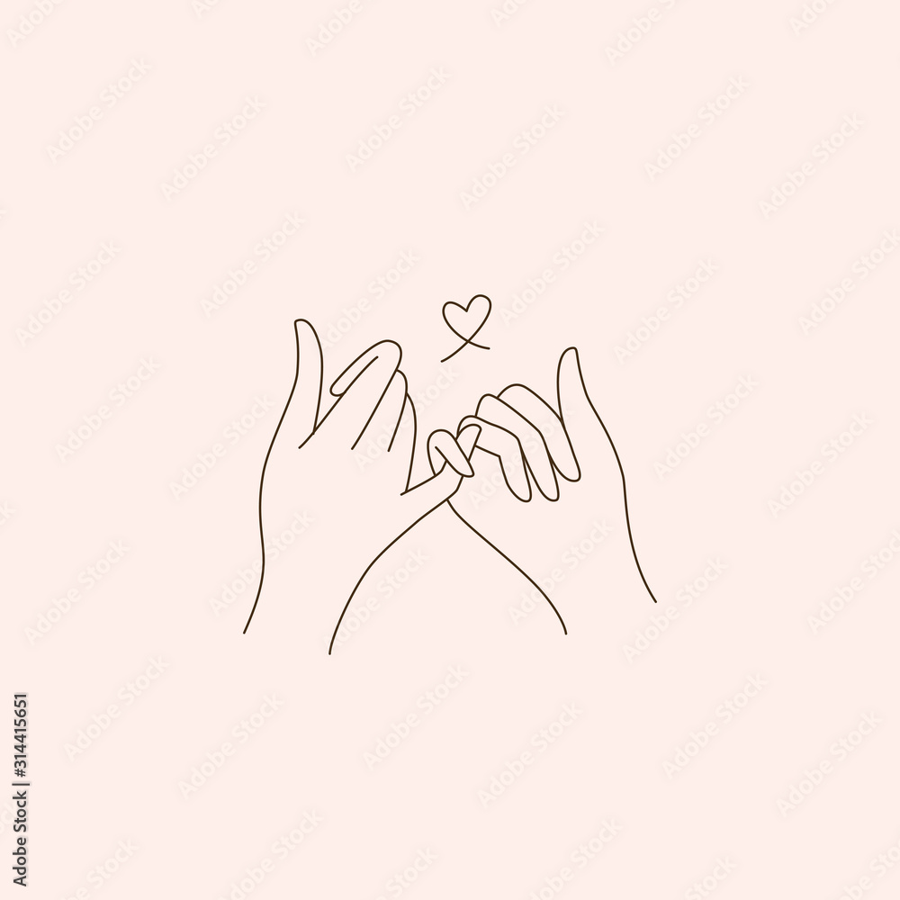 Poster vector abstract logo design template in trendy linear minimal style - touching hands - tattoo templa
