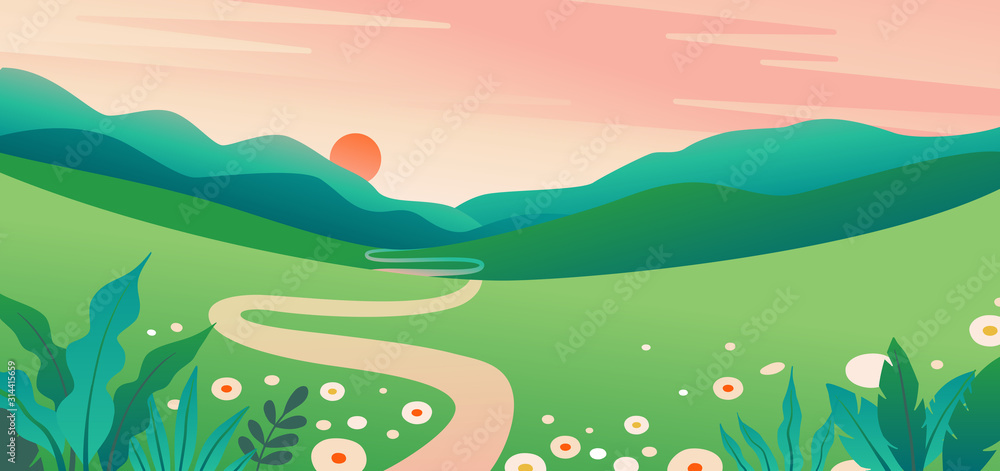 Poster vector illustration in flat simple style with copy space for text - summer landscape with natural sc