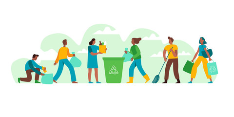 Vector illustration in flat cartoon simple style with characters - recycling and ecology concept - people cleaning earth from trash and plastic - illustration for banner, landing page or greeting card