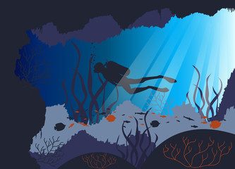 Scuba diver man swimming underwater in sun rays. Flat style  isolated illustration.  There is also a vector copy in the portfolio