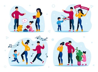 Family Holiday Celebrations and Entertainments Trendy Flat Vector Concepts Set. Parents with Children Feeding Cat, Giving Birthday Gift to Child, Happy Dancing, Playing in Hide-and-Seek Illustrations