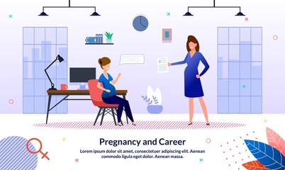Career During Pregnancy Trendy Flat Vector Banner, Poster Template. Pregnant Women Talking with Colleague, Businesswomen, Female Employees or Entrepreneurs Meeting in Company Office Illustration