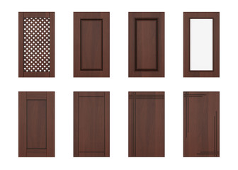 Wooden furniture door isolated on white background. Door set. 3D rendering.