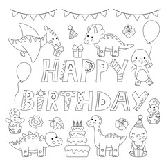 Kawaii cartoon dinosaurs. Happy birthday coloring page. Greeting card. Black and white vector illustration.