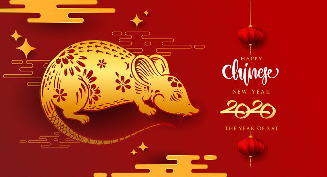 Chinese New Year 2020 Background with Rat zodiac sign. Red and gold festive background with Rat Zodiac sign for greetings card, flyers, invitation, posters, brochure, banners, calendar.