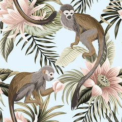 Tropikalny vintage małpa zwierząt, kwiat lotosu, owoce brzoskwini, liście palmowe kwiatowy wzór niebieski tło. Tapeta egzotycznej dżungli. - 314416851