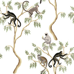 Tropical vintage tree, monkey animals floral seamless pattern white background. Exotic nature wallpaper. © good_mood
