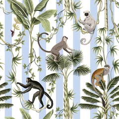 Washable wall murals Tropical set 1 Tropical vintage monkey, sloth animal, palm tree, banana tree, liana floral seamless pattern striped background. Exotic jungle wallpaper.