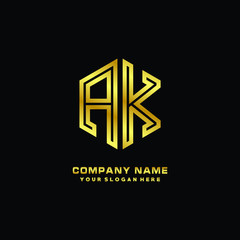 Initial letter AK, minimalist line art monogram hexagon logo, gold color