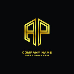 Initial letter AP, minimalist line art monogram hexagon logo, gold color