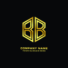 Initial letter BB, minimalist line art monogram hexagon logo, gold color