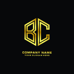 Initial letter BC, minimalist line art monogram hexagon logo, gold color