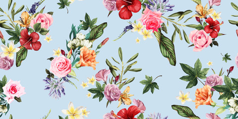 Seamless floral pattern with tropical flowers, watercolor. Vector illustration.