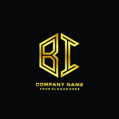 Initial letter BI, minimalist line art monogram hexagon logo, gold color