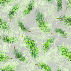 Seamless vintage pattern, green flowers, Plant in watercolor. Mimosa, acacia,cedar branch, spruce, pine. Blossoming green acacia or caragana tree. Fashionable background. Abstract splash of paint. 