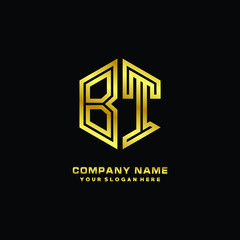 Initial letter BT, minimalist line art monogram hexagon logo, gold color