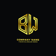 Initial letter BW, minimalist line art monogram hexagon logo, gold color