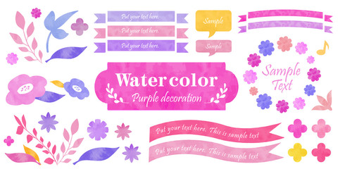 水彩テクスチャーのフレームデザイン　リボンや吹き出し　見出しのセット