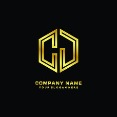 Initial letter CJ, minimalist line art monogram hexagon logo, gold color
