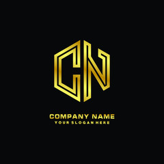 Initial letter CN, minimalist line art monogram hexagon logo, gold color