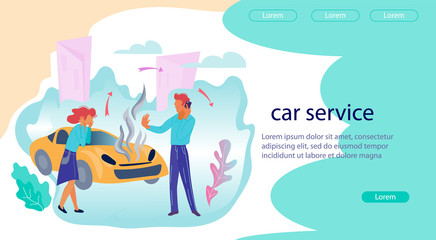 Fototapeta na wymiar Car repair services and workshop online application interface or web banner template with cartoon people characters. Vehicle workshop, auto evacuator and help on road. Flat vector illustration.