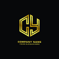 Initial letter CY, minimalist line art monogram hexagon logo, gold color