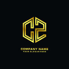 Initial letter CZ, minimalist line art monogram hexagon logo, gold color
