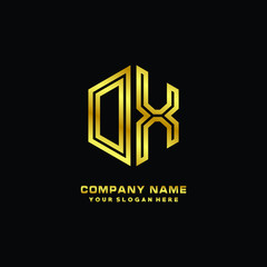 Initial letter DX, minimalist line art monogram hexagon logo, gold color
