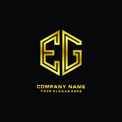 Initial letter EG, minimalist line art monogram hexagon logo, gold color